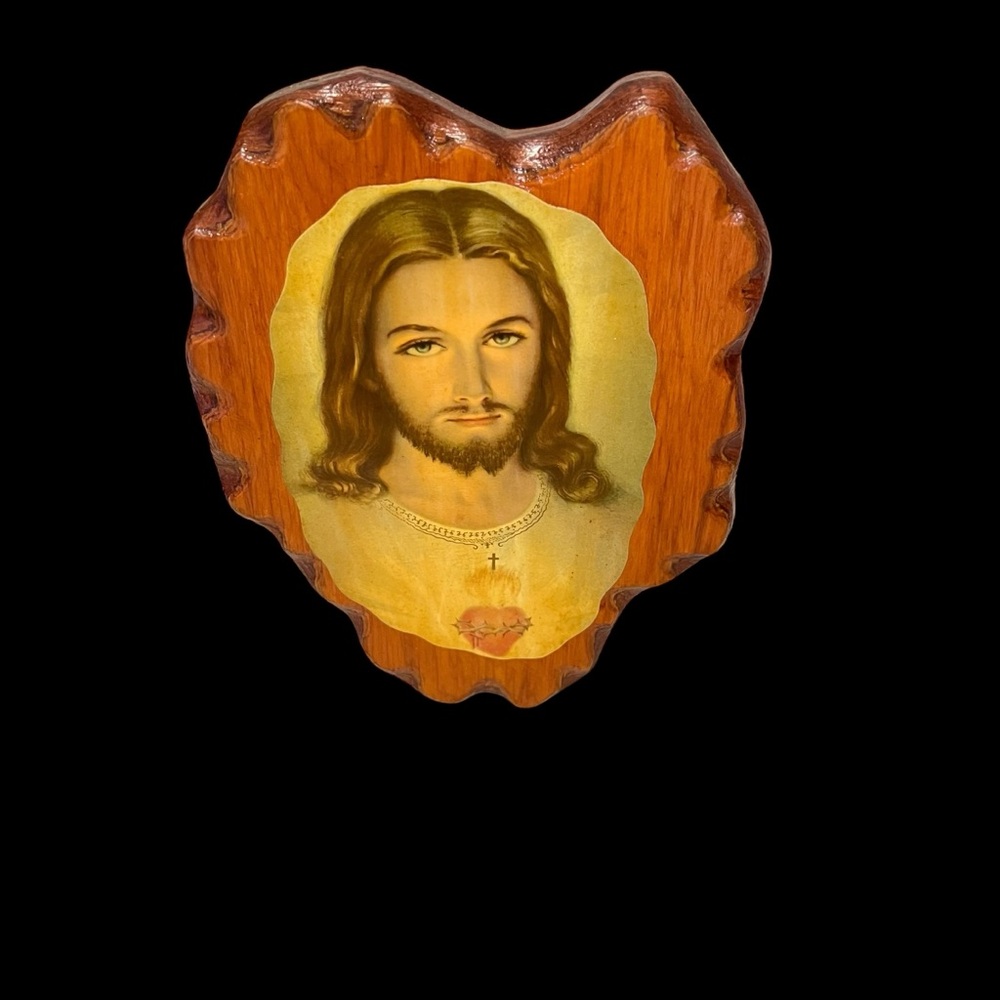 Vintage Mid-Century Modern Decoupage Sacred Heart Jesus Wooden Plaque Wall Art